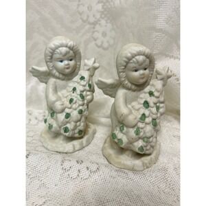 2 Vintage Ceramic Bisque Angels Holding Christmas Trees Glitter Accent Blue Eyes